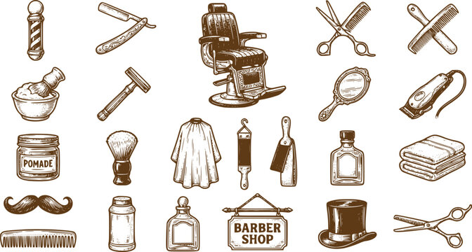 Barber Shop Vintage Icons Hand Drawn Grooming Tools Collection