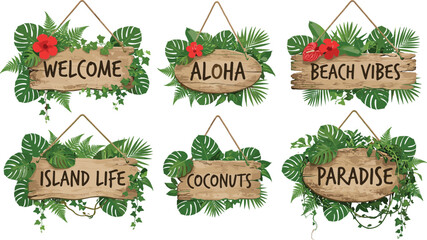 Tropical Wooden Sign Boards Set with Aloha Welcome Beach Vibes Paradise Island Life Coconuts Text and Exotic Jungle Leaves © MdSaddam