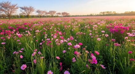 Fototapeta premium Vibrant Pink Cosmos Blooming Across Open Meadow at Sunset