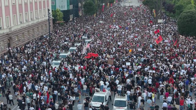 Drone View of Protesters on Tirana Boulevard, about Zvernec case and saving Flamingos, also asking prime minister resignation