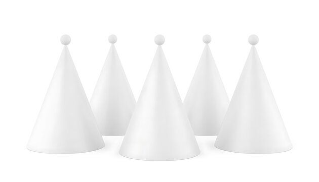 White party hat for birthday, anniversary, christmas celebration. Vector realistic 3d mockup of blank cone head caps for carnival, holidays and festive isolated on white background