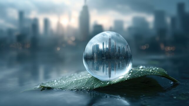 Miniature city captured in a water droplet on leaf urban landscape gigapixel photography serene environment close-up view
