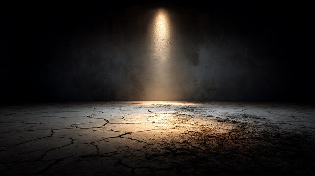 Spotlight beam illuminating a cracked concrete floor casting dramatic shadows and creating a mysterious atmosphere inside a dark empty industrial studio room