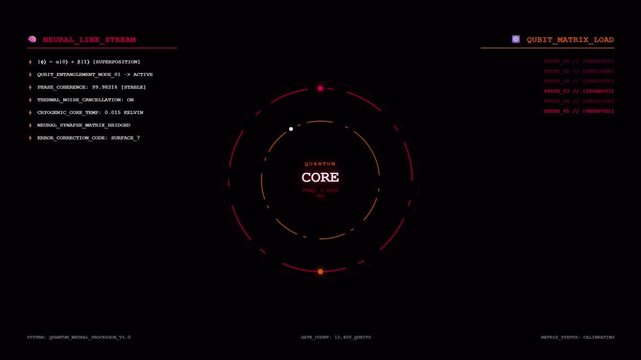 Quantum Core Neural Link Stream Qubit Matrix Superposition Entanglement Cryogenic Technology Animation Futuristic.