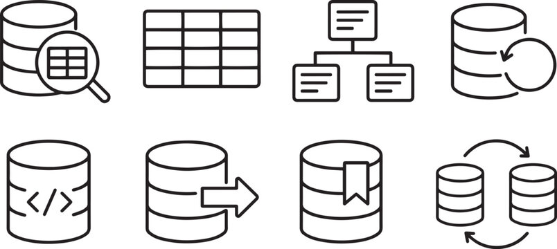 Database Modern and Premium Icon Set, Featuring query, table, schema, backup and More, Editable Stroke, Outline Icon Collection
