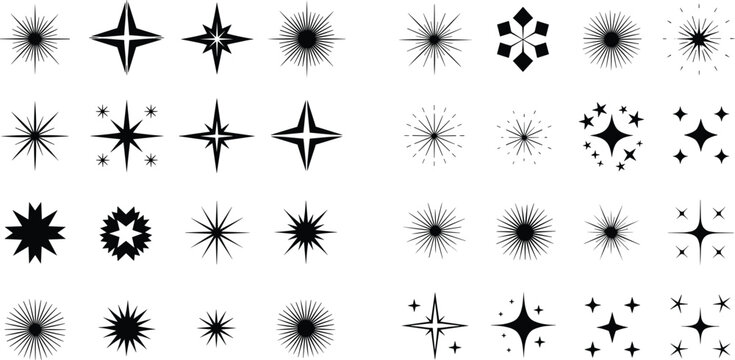 Black and white star shapes and geometric patterns isolated on white background starburst des