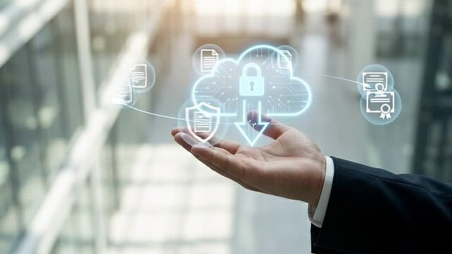 Cloud Storage and Document Security Concept: Holographic Cloud Gateway Symbol and Digital Certificates Floating Over Businessman's Hand