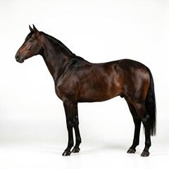 Obraz premium Full-body side profile of an elegant dark brown horse with black points standing on white background.
