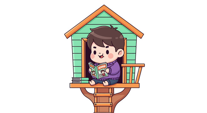 Happy child reading book in colorful treehouse indoors.