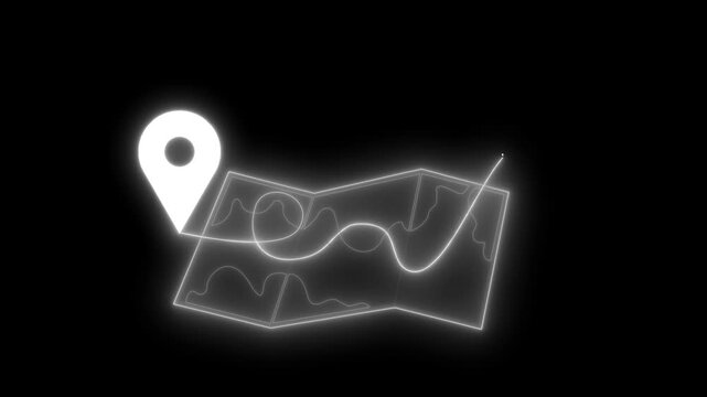 Glowing neon map icon and path location pin and folded map outline with wavy route animation