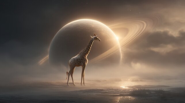 Surreal giraffe roaming a saturn-like planet with rings cosmic landscape digital art dreamy atmosphere gigapixel quality