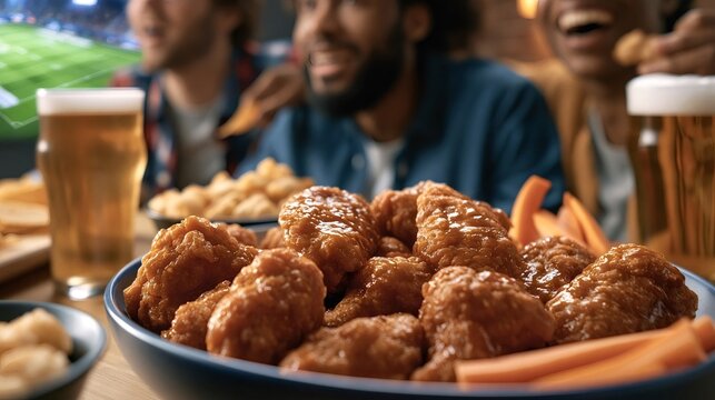 Friends cheering for their team over plates of crispy chicken wings, carrots and cold beer in a lively sports bar, laughing and celebrating game day camaraderie