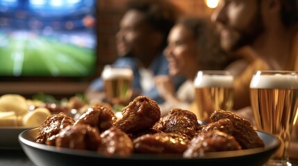 Fototapeta premium Diverse friends are gathering in a pub or home, focusing on a television showing a football game, with crispy buffalo wings and glasses of beer in the foreground for their snack