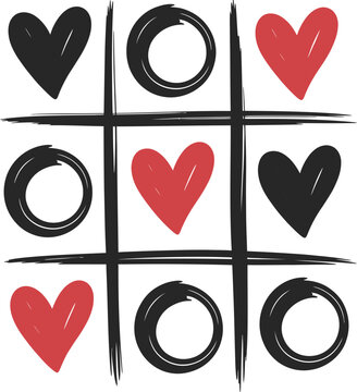 Tic tac toe game with hearts and circles.