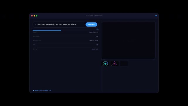 Digital ai video generator software displaying neon abstract geometric motion graphics. Ideal for tech presentations and digital design projects.