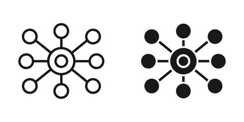 Central hub connecting multiple nodes with radiating lines representing a network structure in a clean modern graphic style © MdKadir