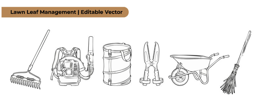 Lawn leaf management tools vector set of garden equipment including rake backpack leaf blower waste bag grabbers wheelbarrow and broom outline icons isolated on white background for autumn yard care.