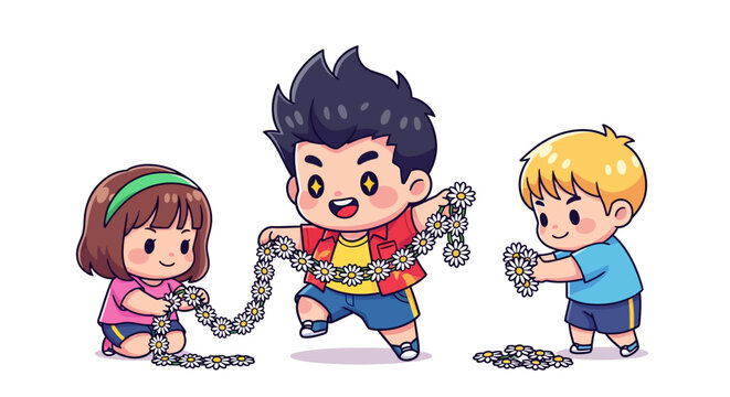 Cartoon children playing together with broken chain links.