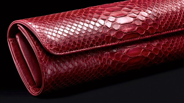 Red python skin clutch with a textured scale pattern, representing high end fashion, exotic materials, and elegant accessories for a luxurious and sophisticated lifestyle