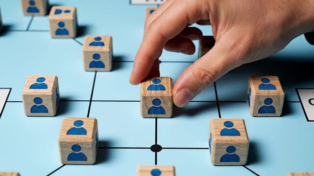 Hand connecting wooden person blocks on a network grid, representing strategic human resource management, team building, and social networking for business growth, collaboration, and organizational...