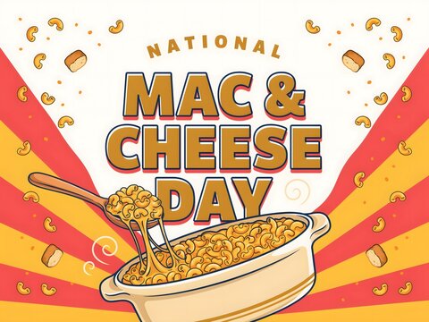 National mac and cheese day celebration with macaroni and cheese illustration