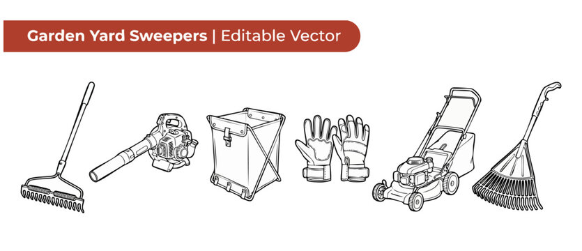 Garden tools vector icon set designed with lawn mower rake leaf blower gloves and waste bag for backyard landscaping yard work maintenance and gardening chores in clean black outline styling graphics.