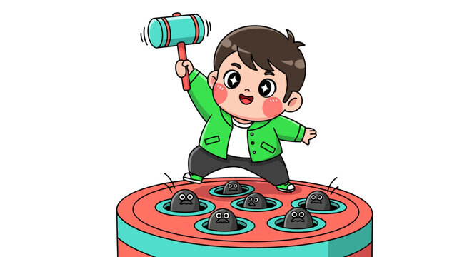 Happy Cartoon Boy Playing Whack a Mole Game Joyfully.