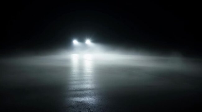 Mysterious Car Headlights Piercing Through Thick Fog on Dark Road at Night