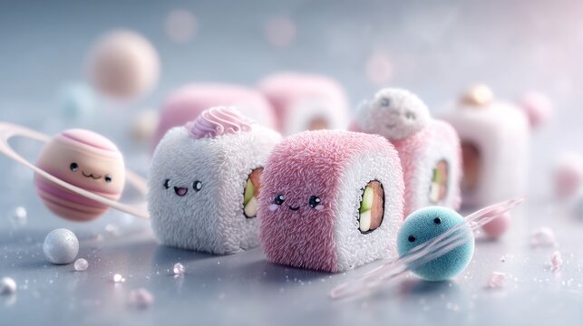 Playful sushi rolls creating a miniature solar system in a soft environment gigapixel visual delight