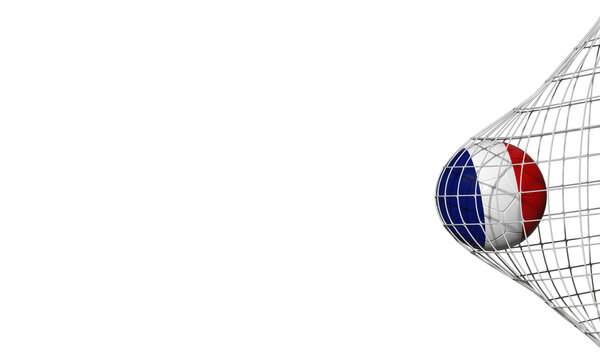 un ballon de foot aux couleurs de la France percute le filet de but - fond transparent, rendu 3D