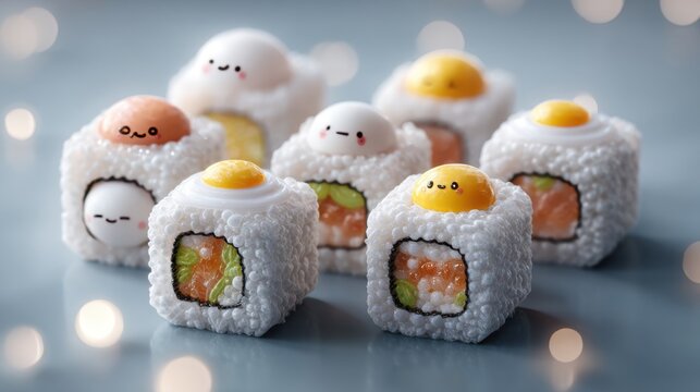 Playful sushi rolls forming a miniature solar system food art soft environment gigapixel viewpoint creative concept