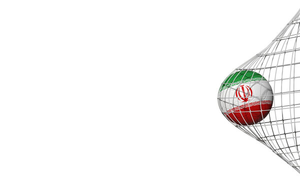 Soccer Ball with Iranian Flag Pattern Hitting the Net on Transparent Background - 3D rendering