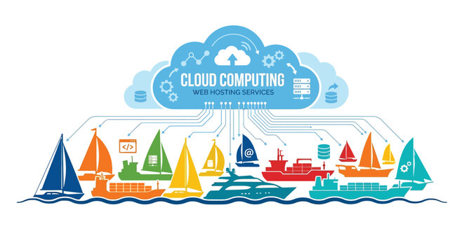 Sailing Ships And Cloud Computing Vector Illustration With Connecting Lines