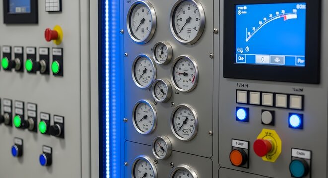 Industrial control panel with analog gauges and digital display for process monitoring