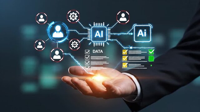 Professional presenting an innovative AI platform integrating data processing, machine learning, and automation for business optimization. Driving efficiency, strategic insights, and digital...