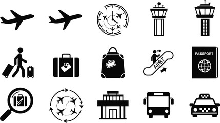 Fototapeta premium Minimalist set for travel and tourism with landmarks and essentials airplane hot air balloon