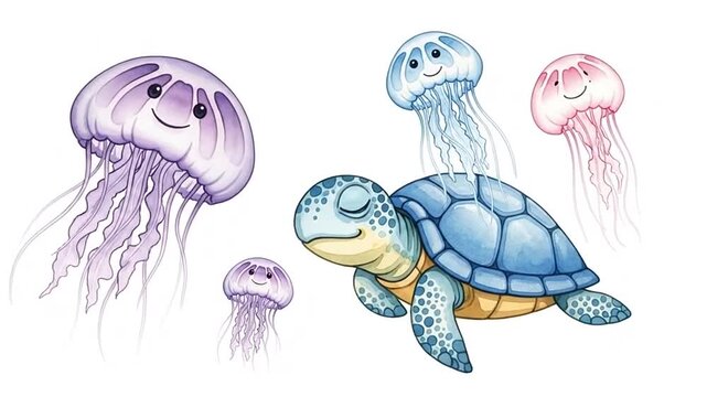 Smiling sea turtle and jellyfish illustration.