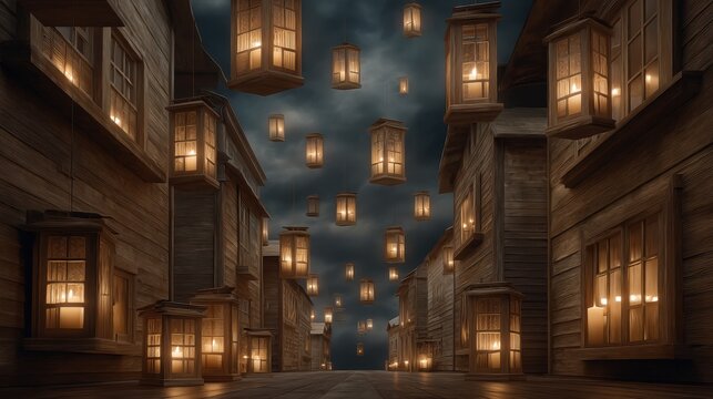 Floating oil lanterns illuminate traditional wooden neighborhood at night gigapixel art in enchanting atmosphere