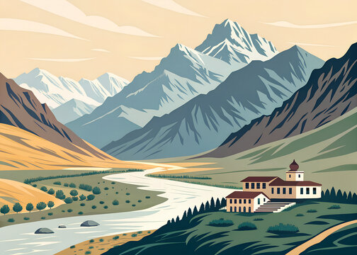 Spiti Valley landscape, minimalist modern vector style, dramatic mountain shapes, travel poster