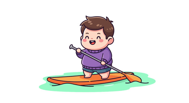 Happy cartoon child paddle boarding on water sport.