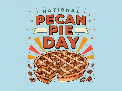 Colorful national pecan pie day illustration with sliced pie