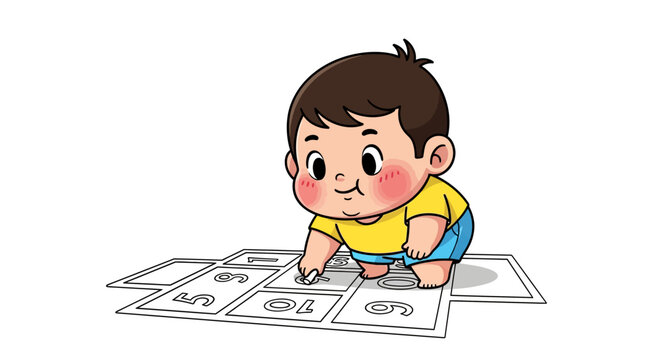 Happy toddler playing with flashcards on floor.