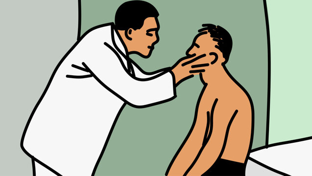 Doctor examining face of male patient, color vector illustration