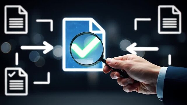 Businessman verifying digital document data on a virtual interface, ensuring compliance, quality assurance, and data accuracy. Concept of business process optimization, audit, and risk management...