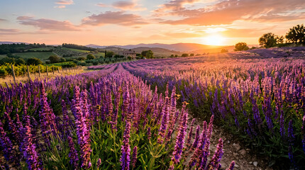Obraz premium A vibrant landscape of purple lavender fields stretches toward a rustic stone farmhouse under a warm sunset
