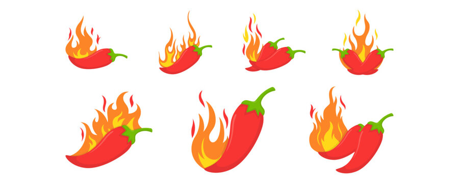 Set of Hot Chili Pepper with Spicy Flame Illustration. Vecor Set