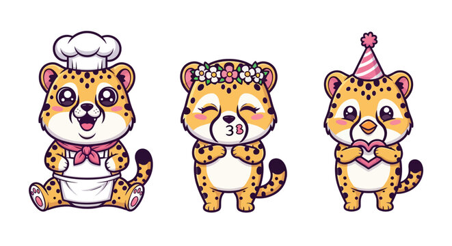 Cute cartoon leopard cubs in festive outfits.