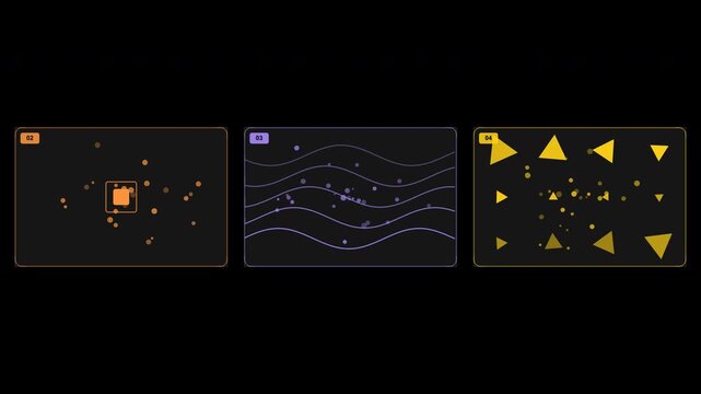 Three numbered panels with glowing geometric shapes suitable for presentations, sciencefiction designs, digital art, technology concepts, and educational materials.