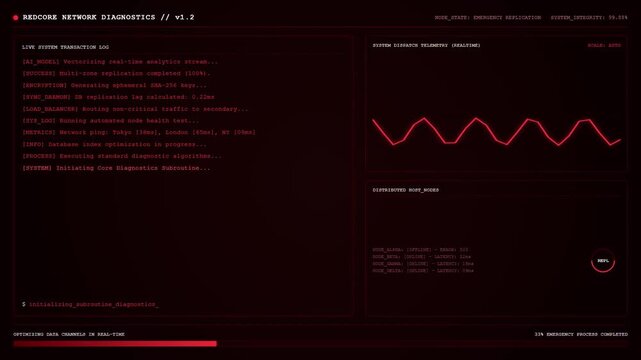 Red core Network Diagnostics Emergency Replication Live Transaction Log Distributed Node Telemetry Dashboard Animation.