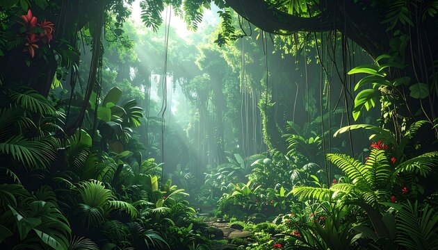 Dense tropical rainforest with sunlight filtering through.
